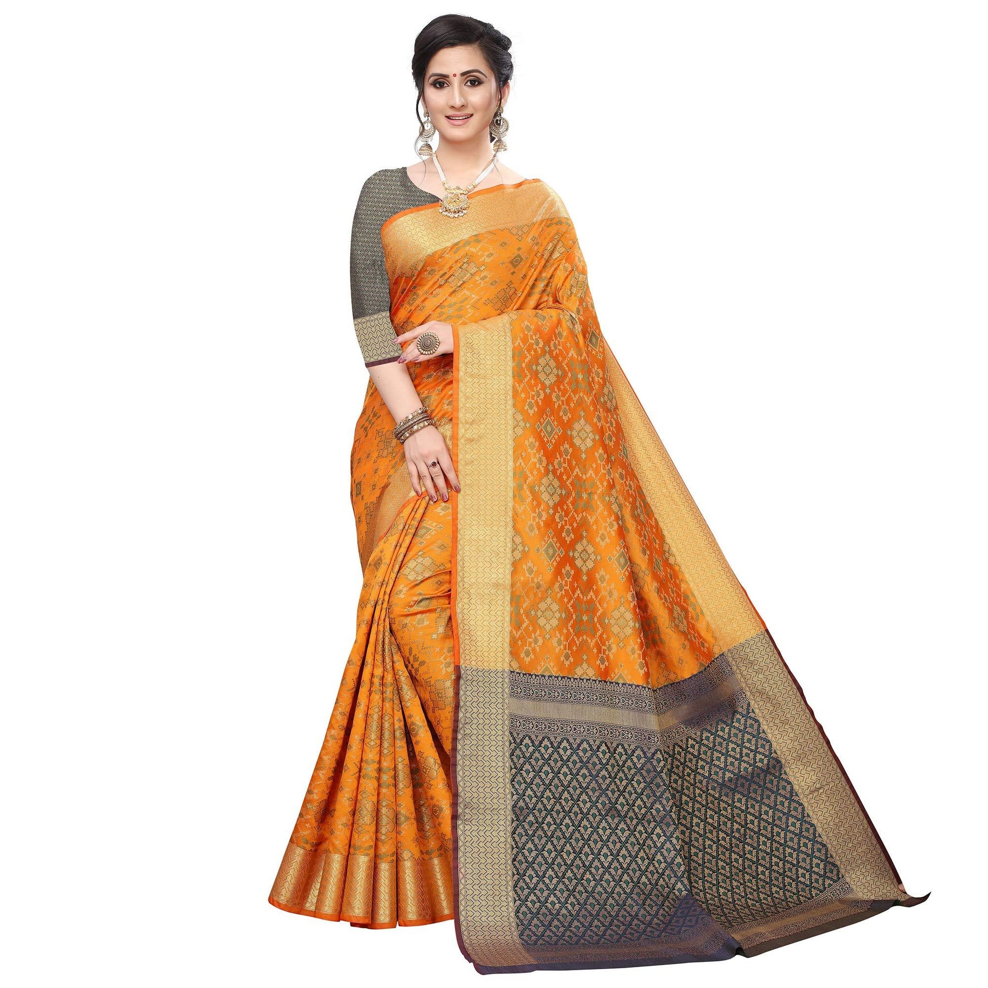 Engrossing Mustard Yellow Colored Festive Wear Woven Kanjivaram Silk Saree