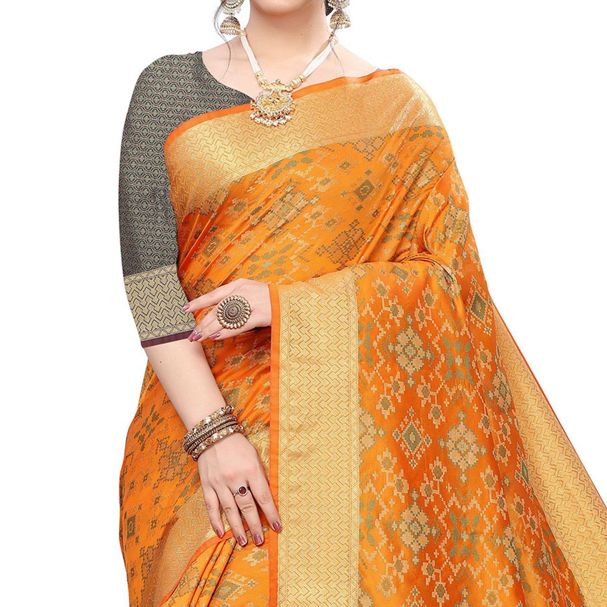 Engrossing Mustard Yellow Colored Festive Wear Woven Kanjivaram Silk Saree