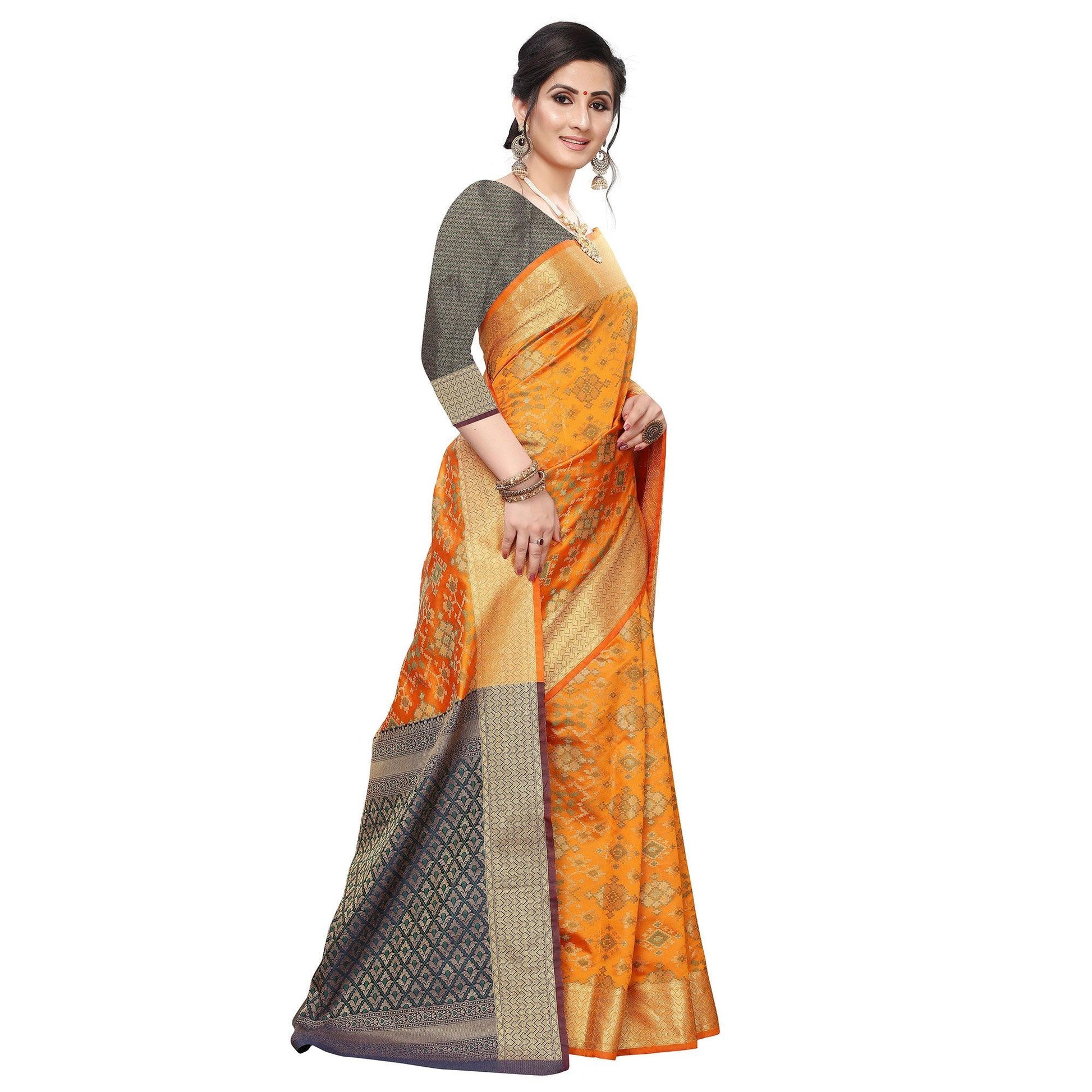 Engrossing Mustard Yellow Colored Festive Wear Woven Kanjivaram Silk Saree