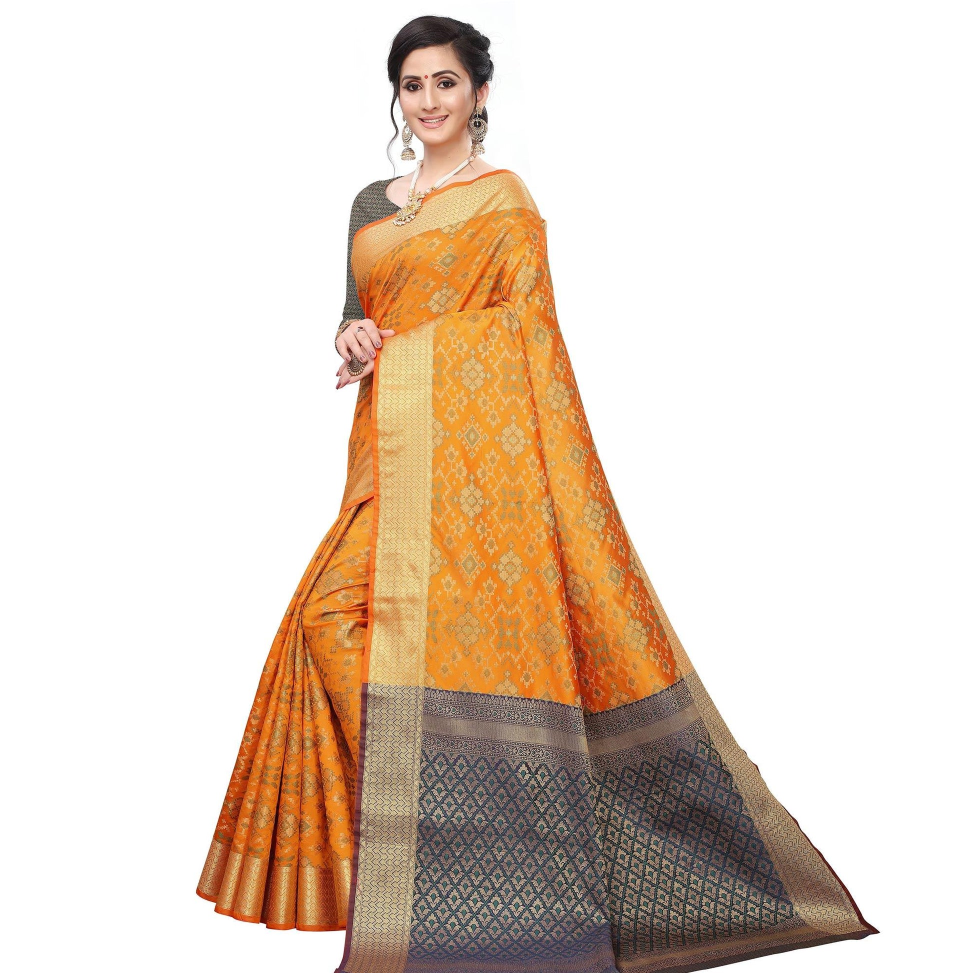 Engrossing Mustard Yellow Colored Festive Wear Woven Kanjivaram Silk Saree