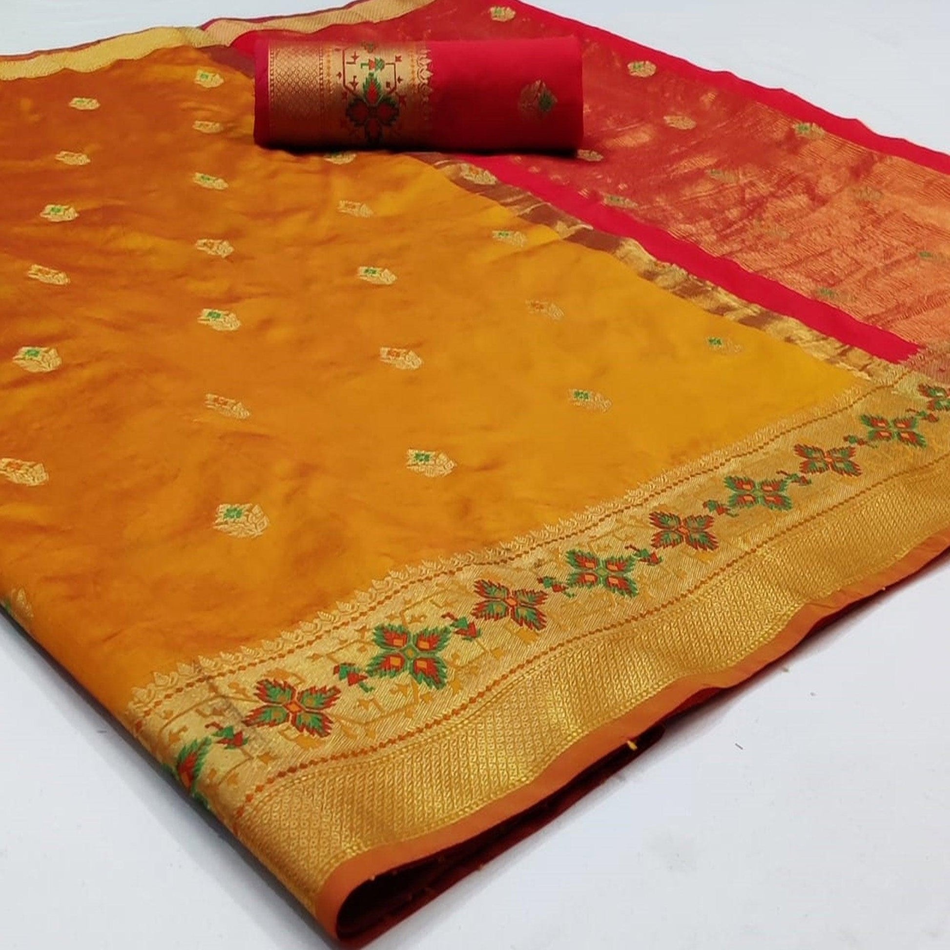 Engrossing Mustard Yellow Colored Festive Wear Woven Silk Saree