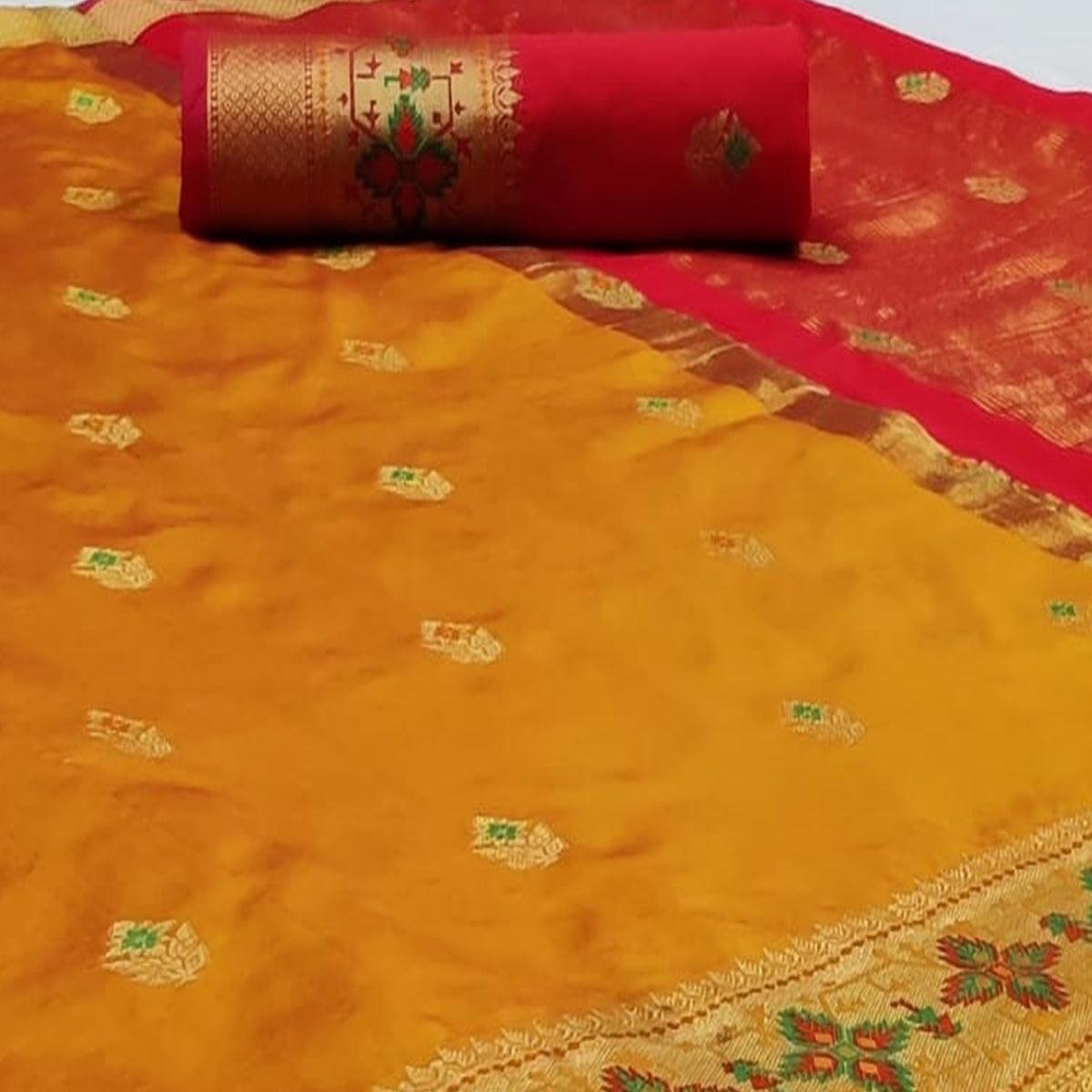 Engrossing Mustard Yellow Colored Festive Wear Woven Silk Saree