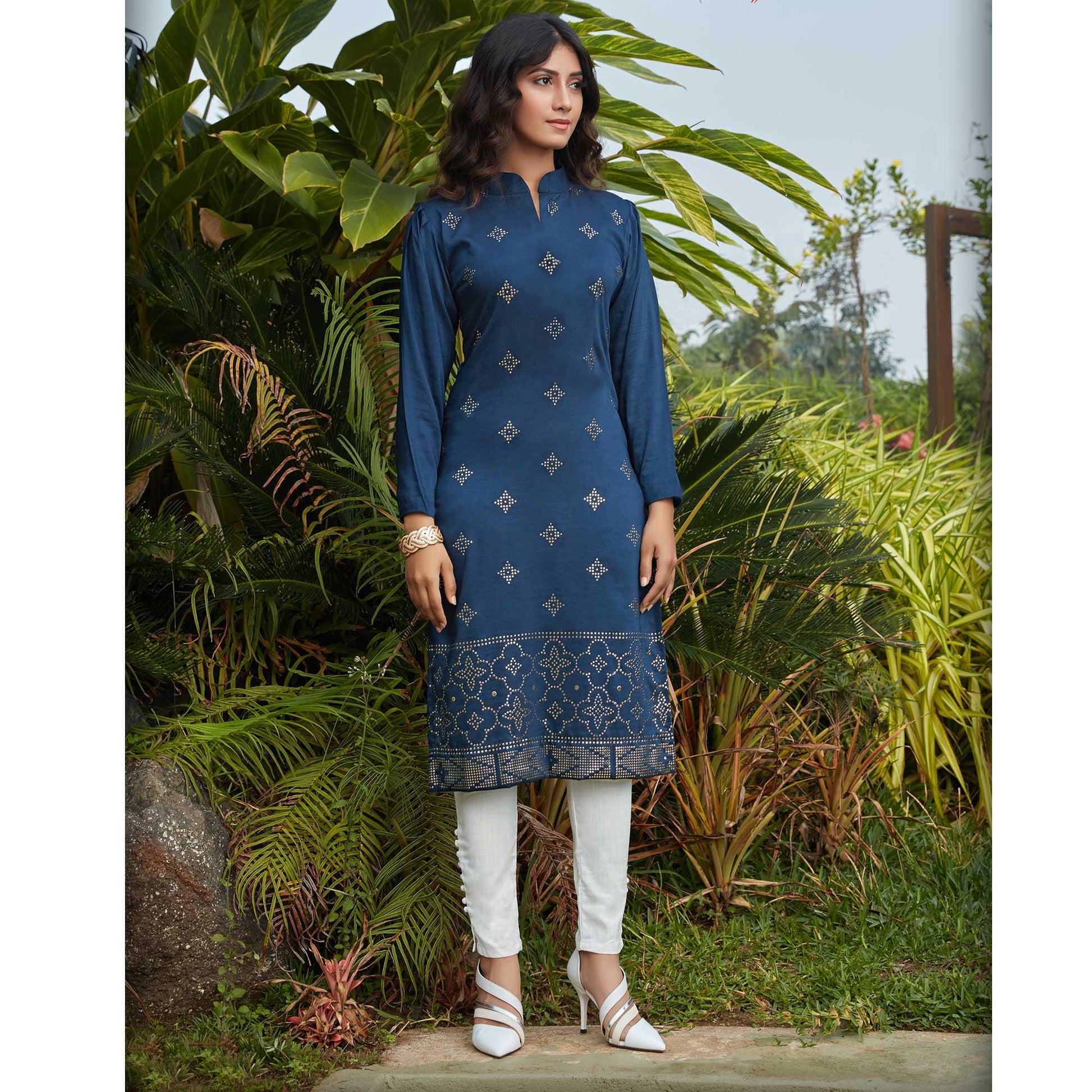 Engrossing Navy Blue Casual Wear Glistering Embellishment Silky Cotton Kurti