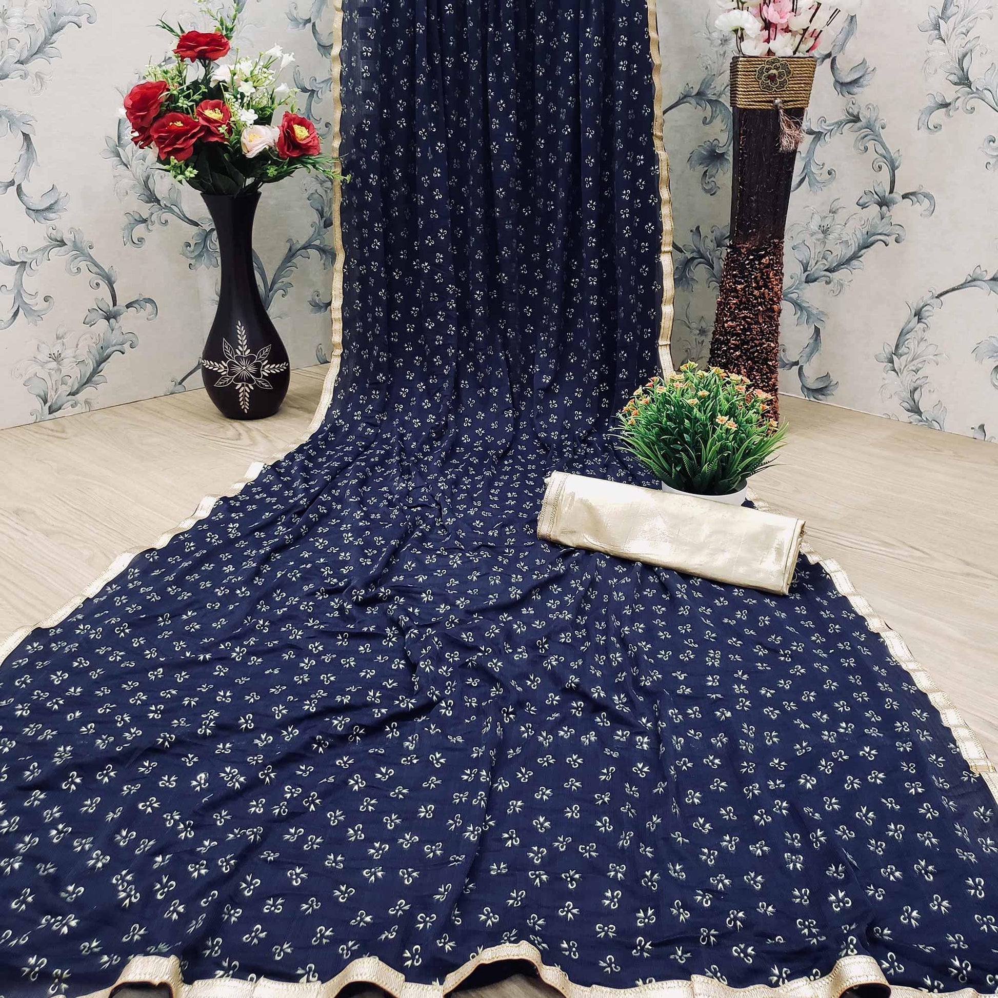 Engrossing Navy Blue Colored Casual Wear Printed Art Silk Saree