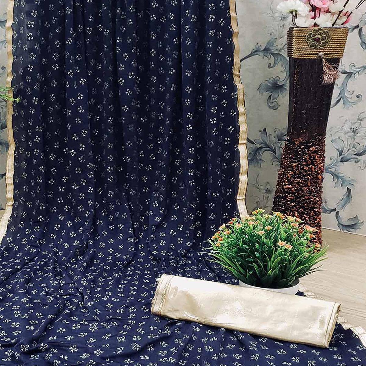 Engrossing Navy Blue Colored Casual Wear Printed Art Silk Saree