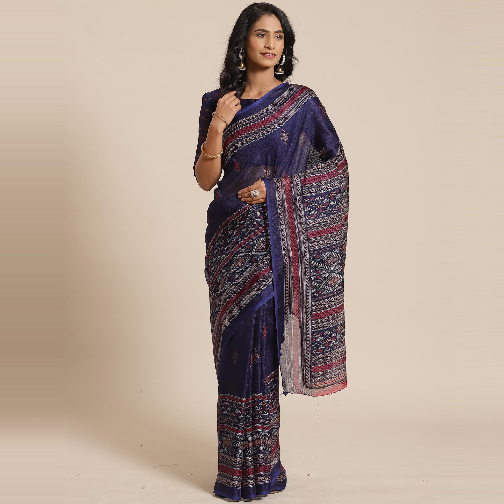 Engrossing Navy Blue Colored Casual Wear Printed Jute Silk Saree