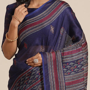 Engrossing Navy Blue Colored Casual Wear Printed Jute Silk Saree
