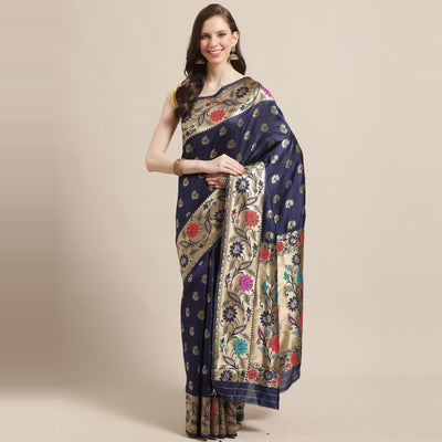 Engrossing Navy Blue Colored Festive Wear Woven Silk Blend Banarasi Saree