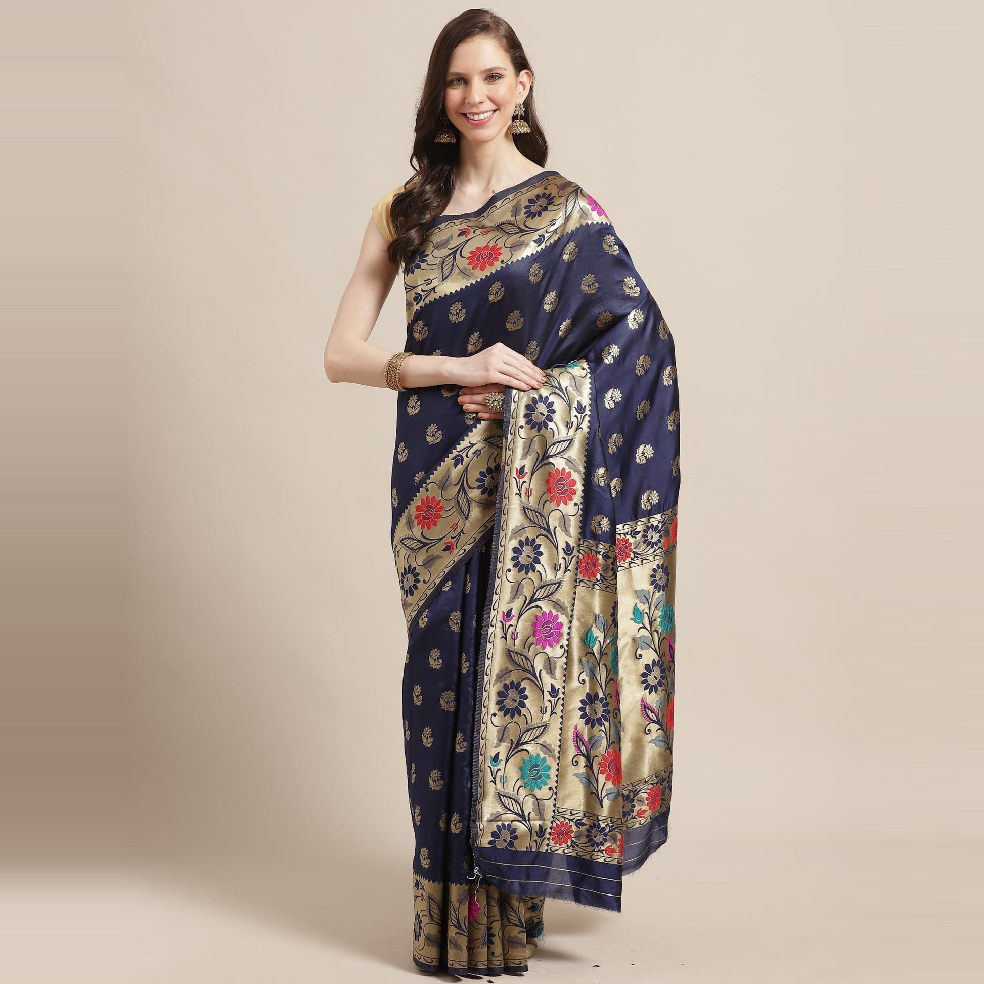 Engrossing Navy Blue Colored Festive Wear Woven Silk Blend Banarasi Saree
