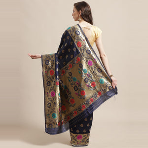 Engrossing Navy Blue Colored Festive Wear Woven Silk Blend Banarasi Saree