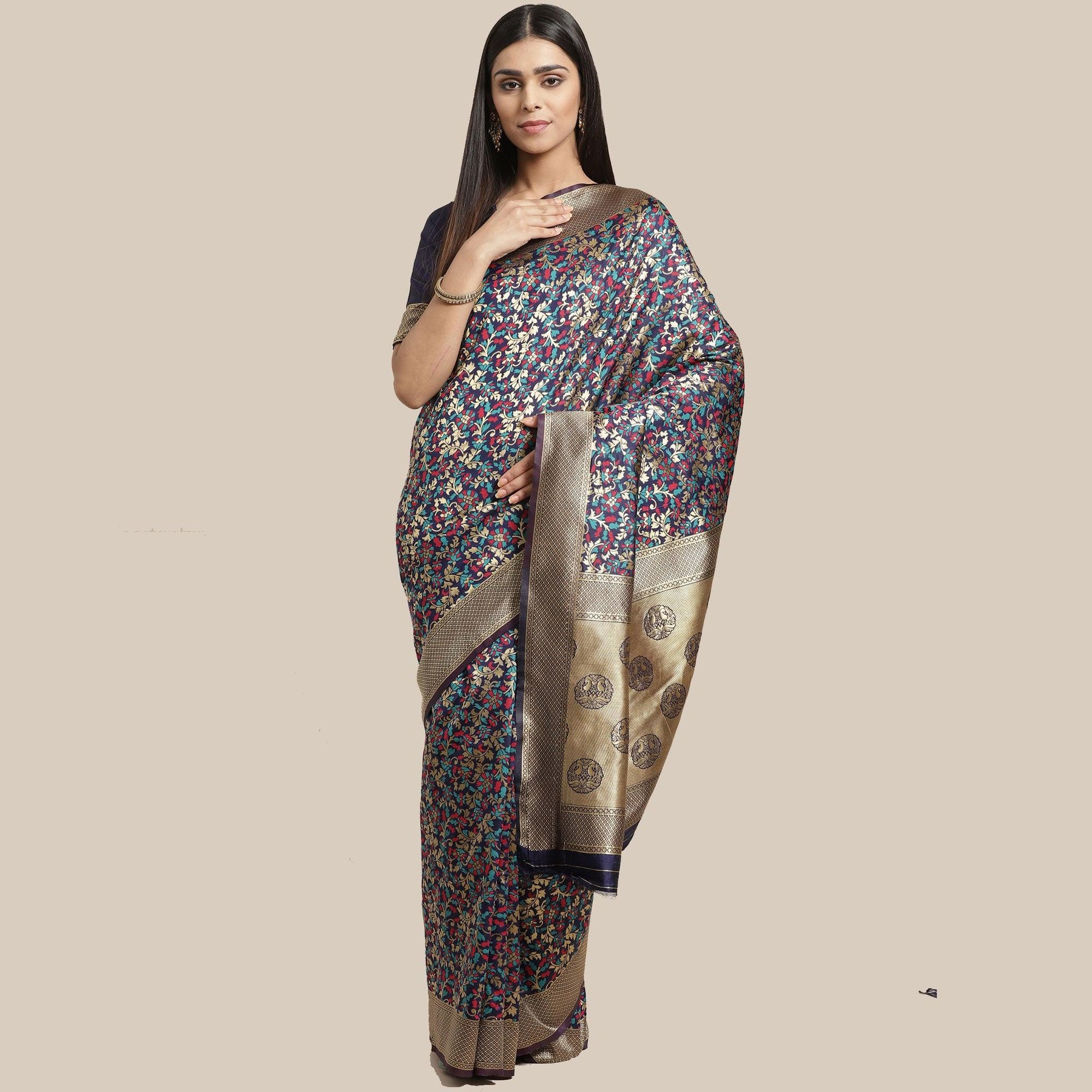 Engrossing Navy Blue Colored Festive Wear Woven Silk Blend Saree