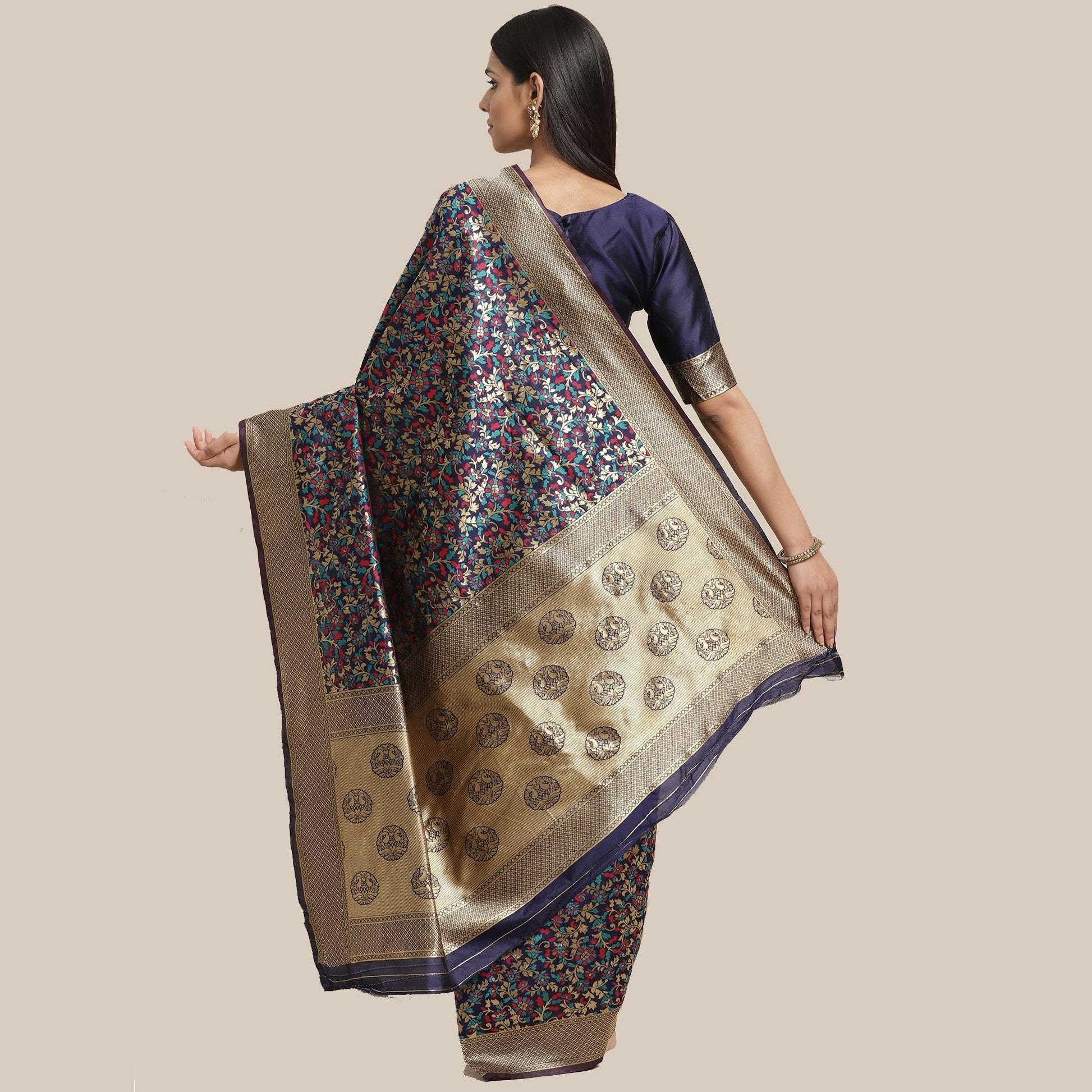 Engrossing Navy Blue Colored Festive Wear Woven Silk Blend Saree