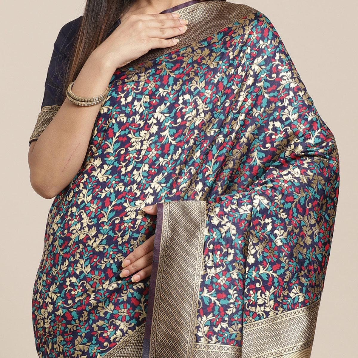 Engrossing Navy Blue Colored Festive Wear Woven Silk Blend Saree