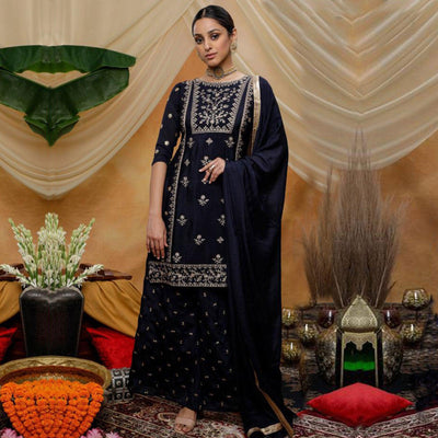 Engrossing Navy Blue Colored Party Wear Embroidered Art Silk Palazzo Suit