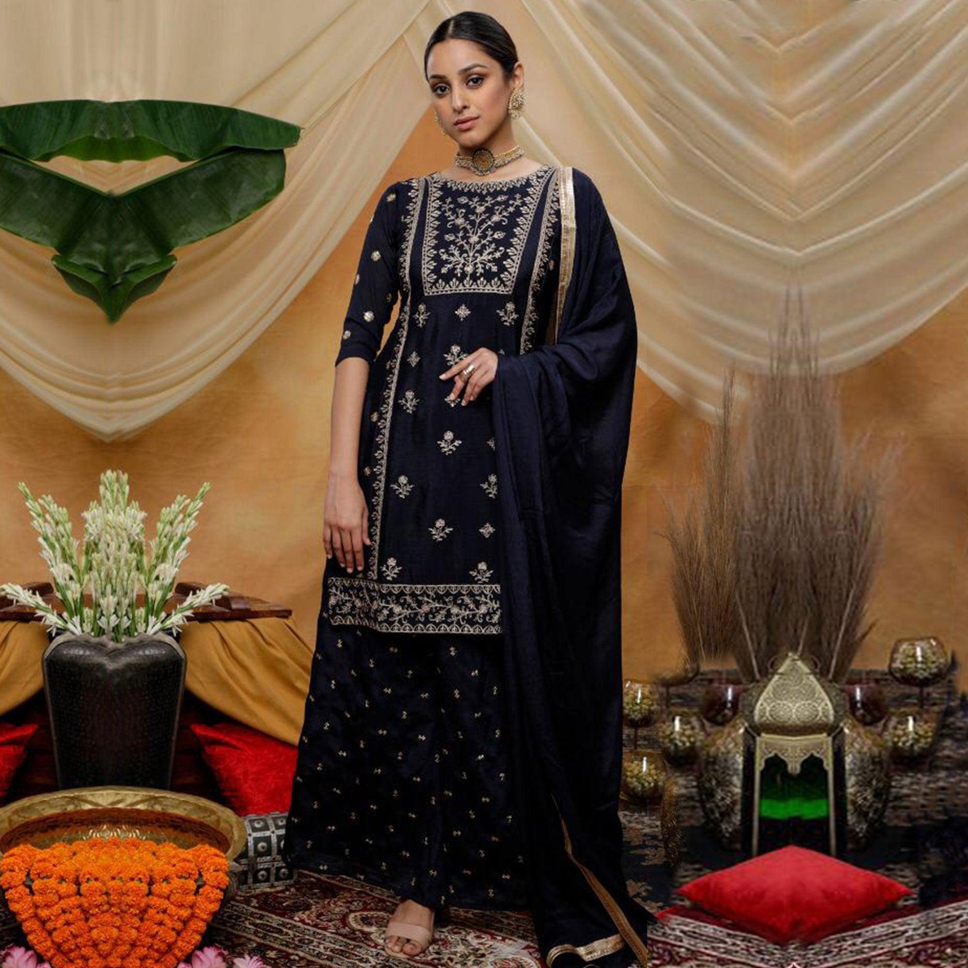 Engrossing Navy Blue Colored Party Wear Embroidered Art Silk Palazzo Suit