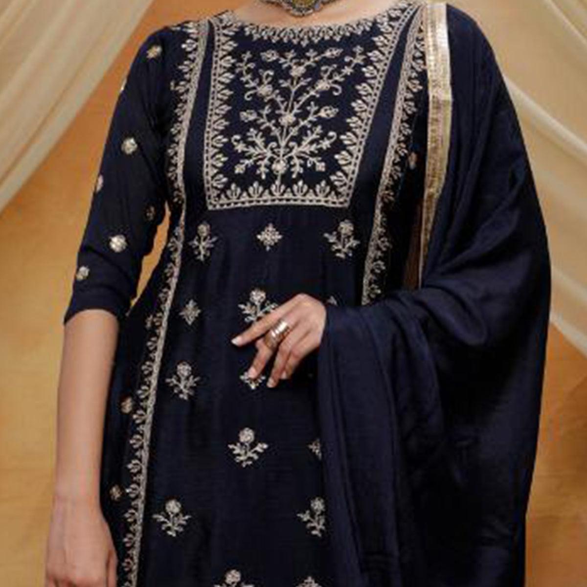 Engrossing Navy Blue Colored Party Wear Embroidered Art Silk Palazzo Suit