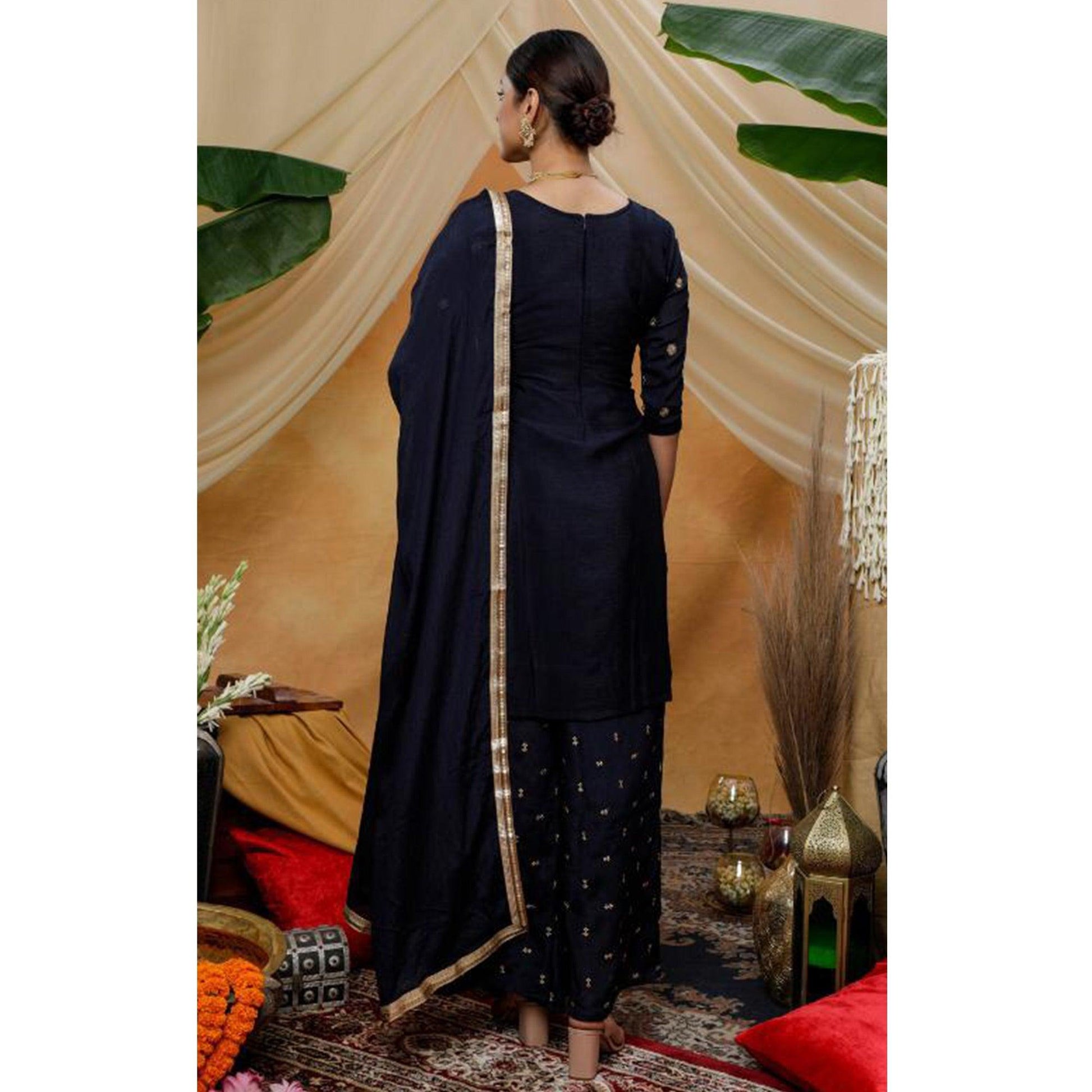 Engrossing Navy Blue Colored Party Wear Embroidered Art Silk Palazzo Suit