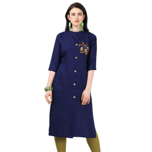 Engrossing Navy Blue Colored Partywear Embroidered Rayon Kurti