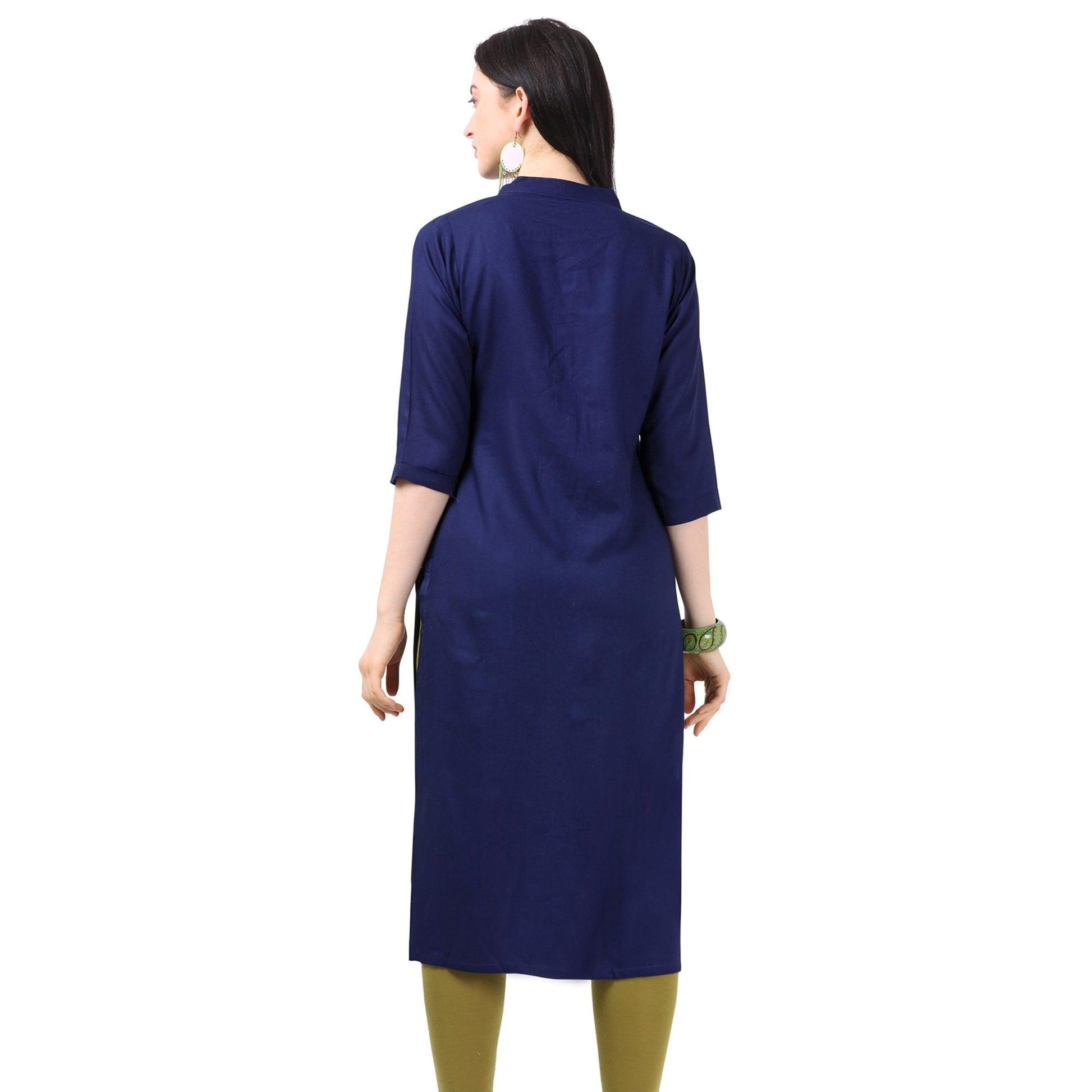 Engrossing Navy Blue Colored Partywear Embroidered Rayon Kurti