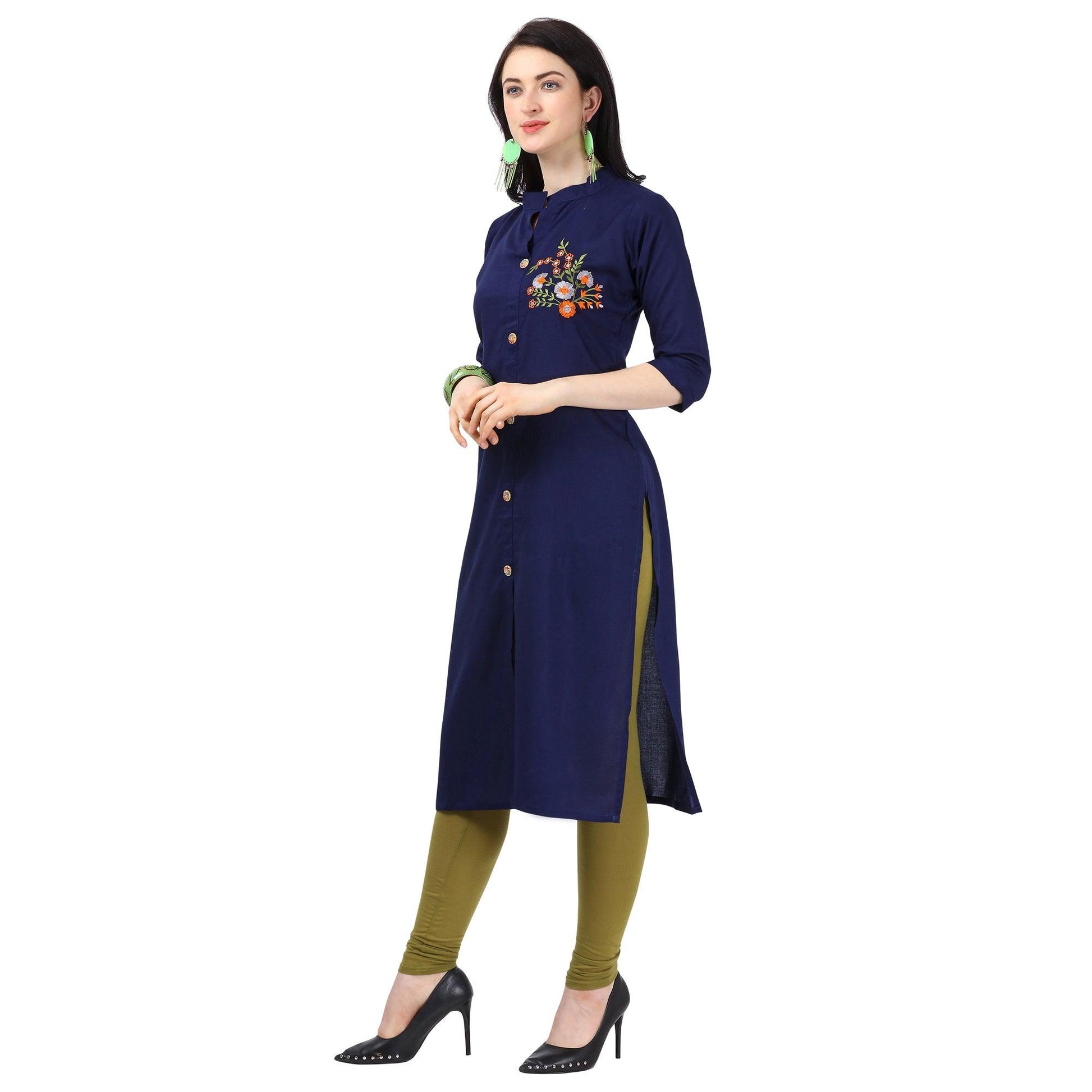 Engrossing Navy Blue Colored Partywear Embroidered Rayon Kurti