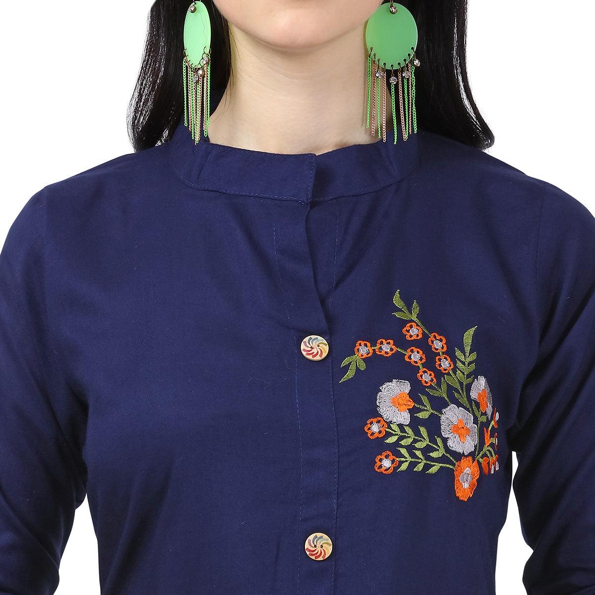 Engrossing Navy Blue Colored Partywear Embroidered Rayon Kurti