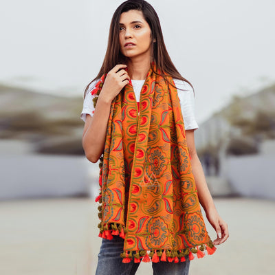 Engrossing Orange Colored Embroidered Khadi Muffler Stole