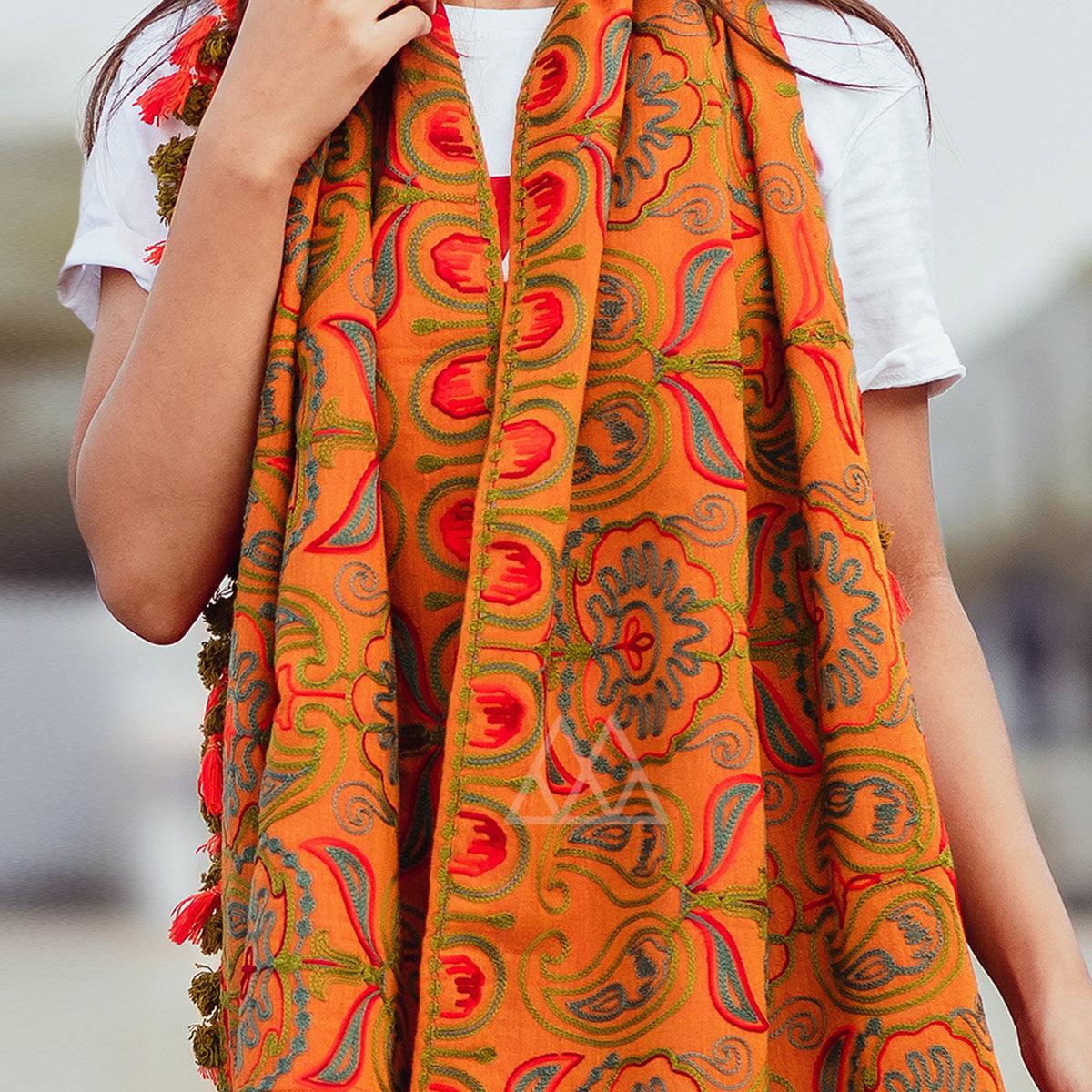 Engrossing Orange Colored Embroidered Khadi Muffler Stole