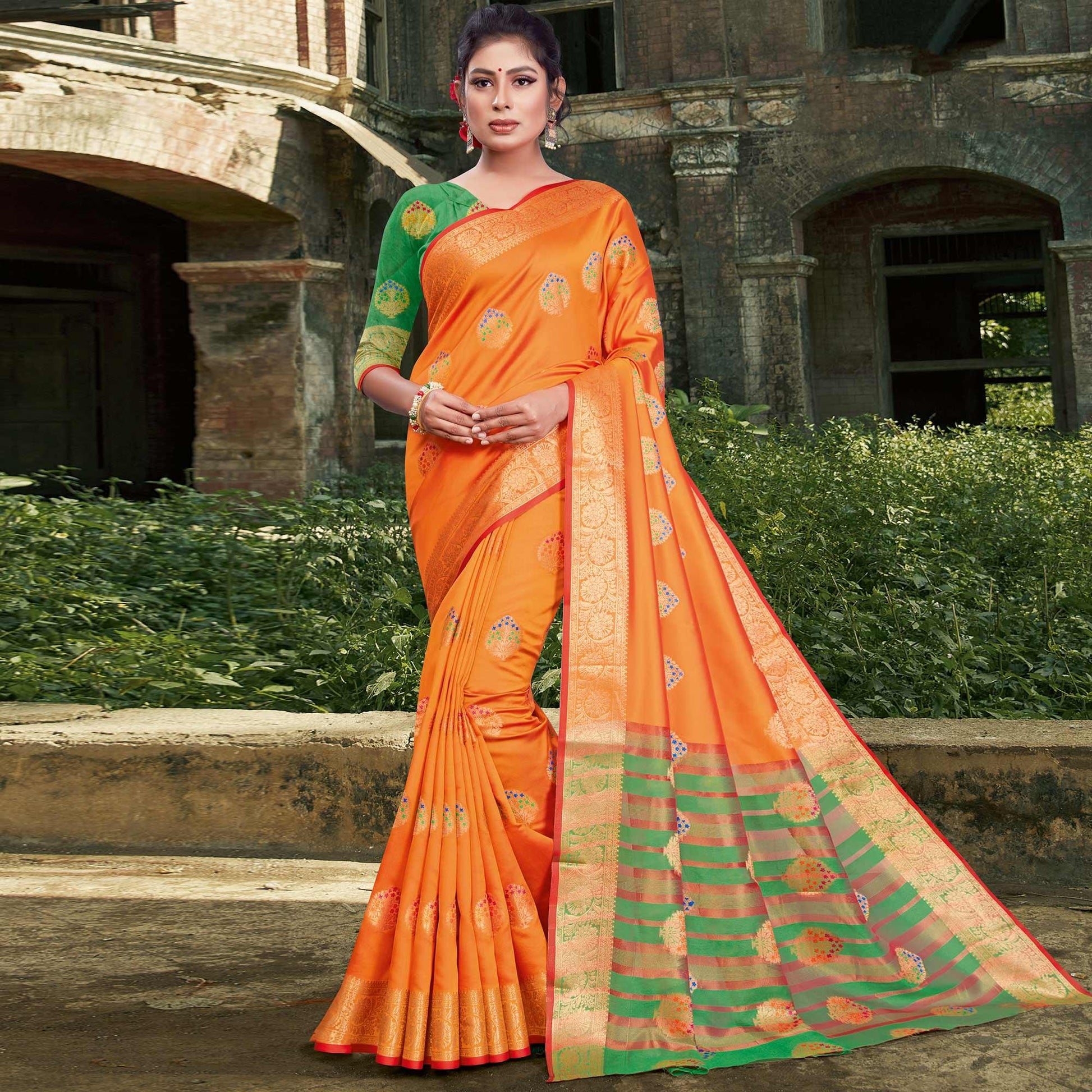 Engrossing Orange Colored Festive Wear Woven Silk Saree