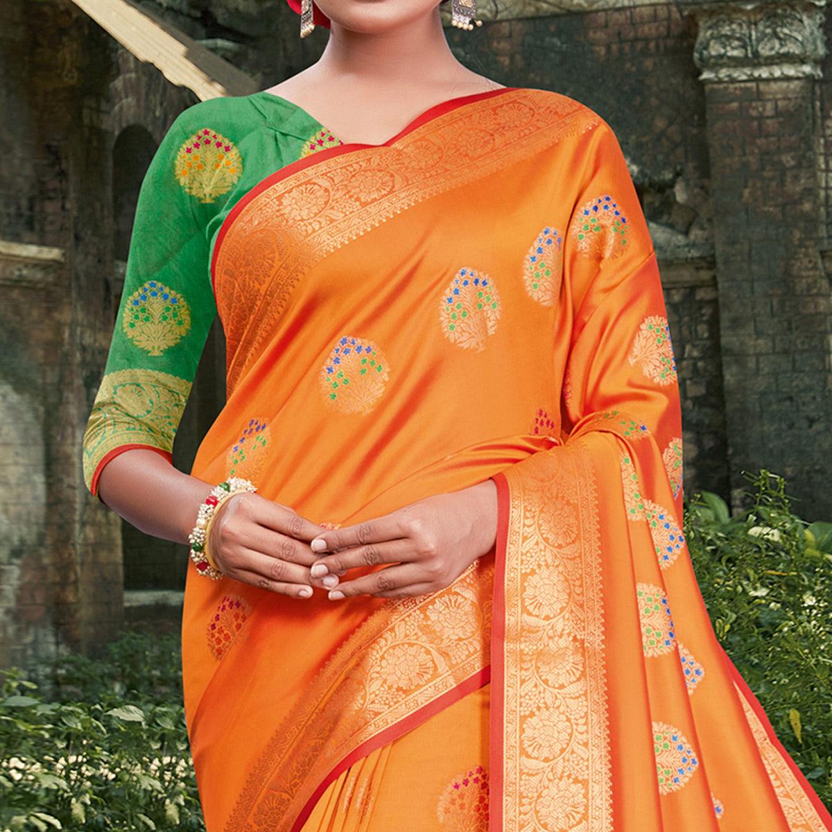 Engrossing Orange Colored Festive Wear Woven Silk Saree