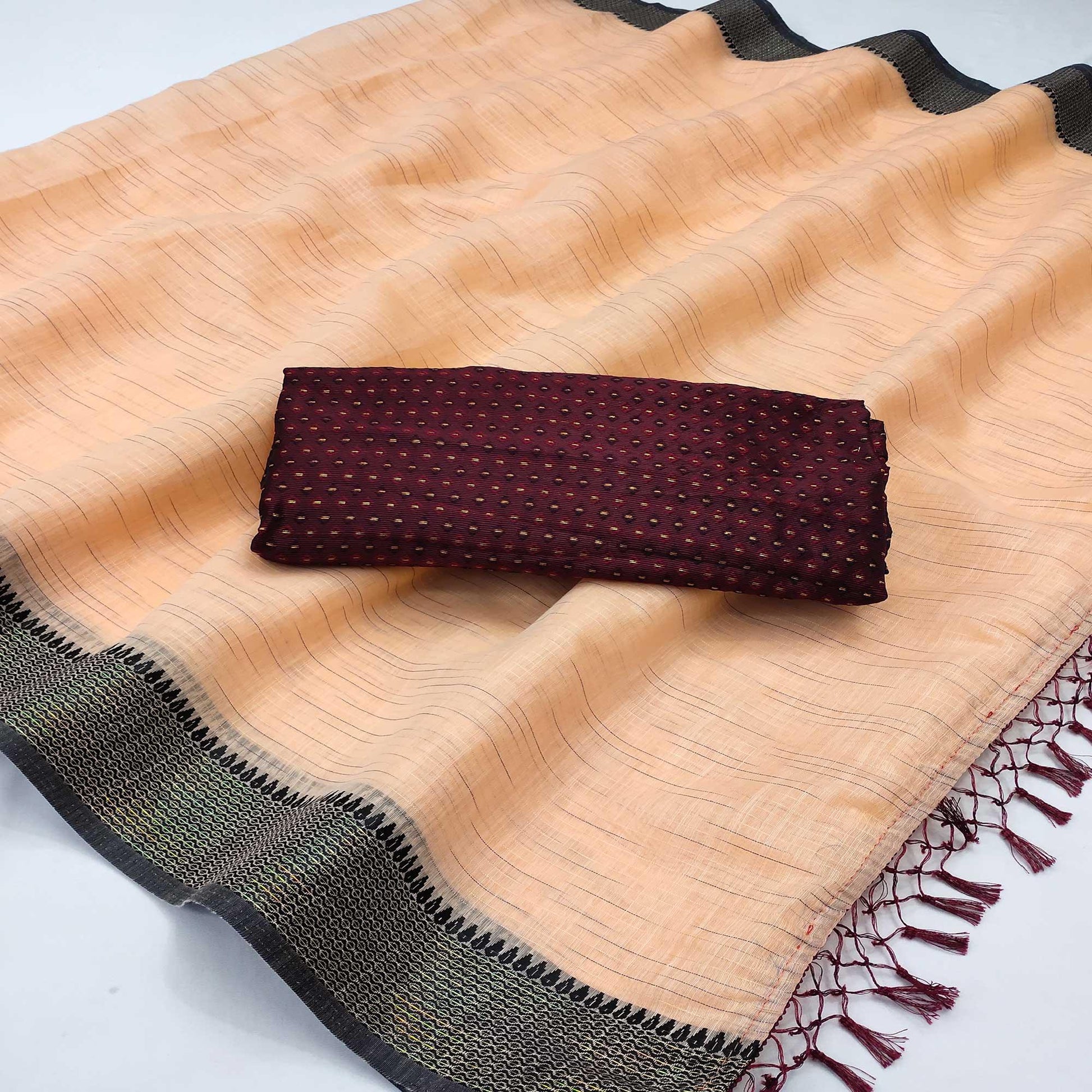 Engrossing Orange Colored lining Pattern Casual Wear Cotton Saree