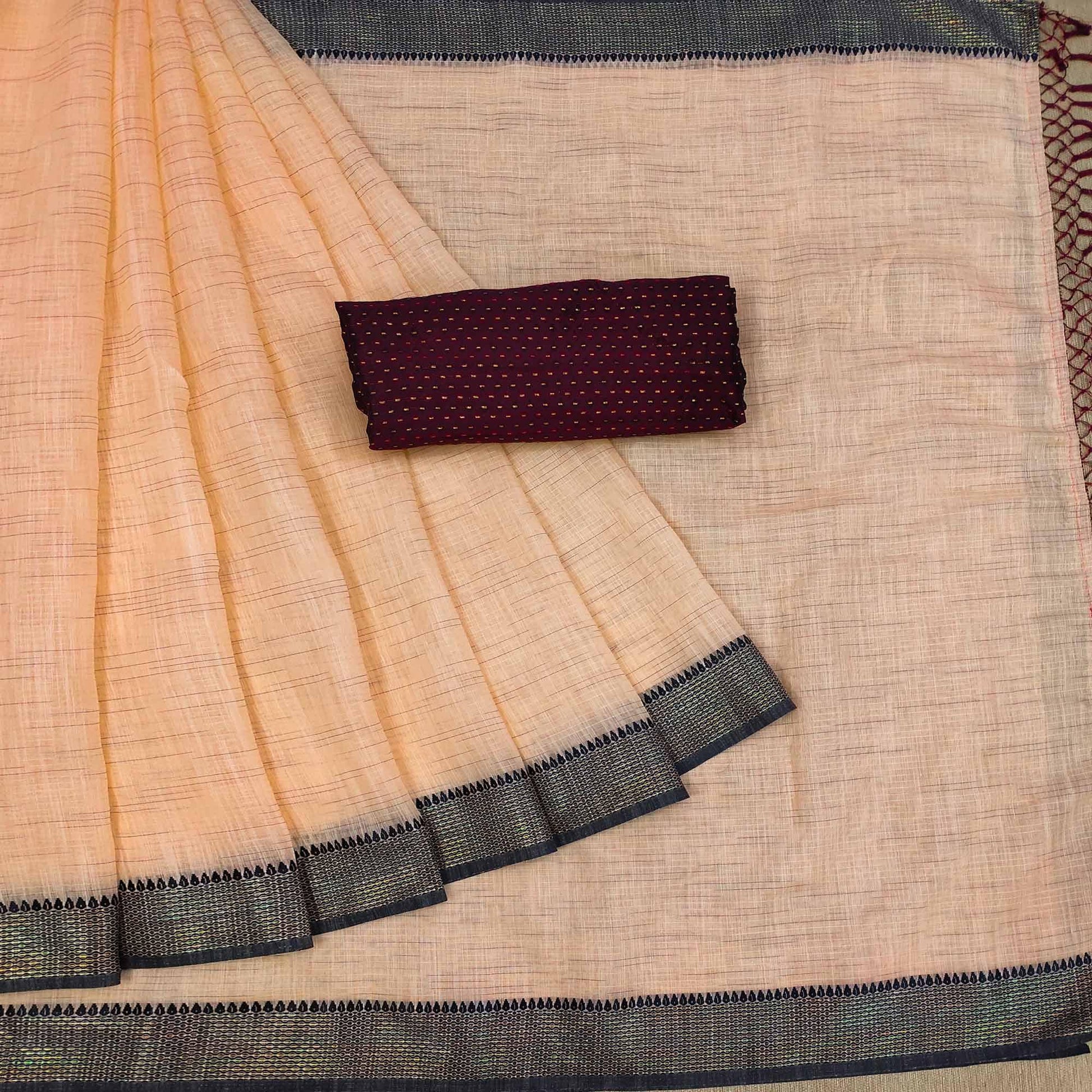 Engrossing Orange Colored lining Pattern Casual Wear Cotton Saree