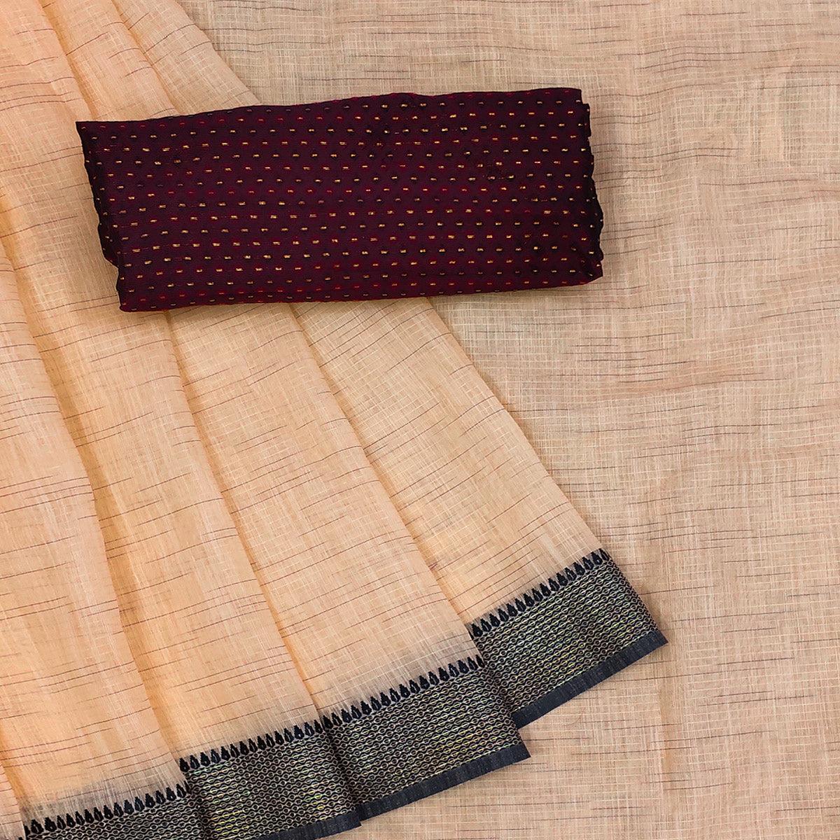 Engrossing Orange Colored lining Pattern Casual Wear Cotton Saree