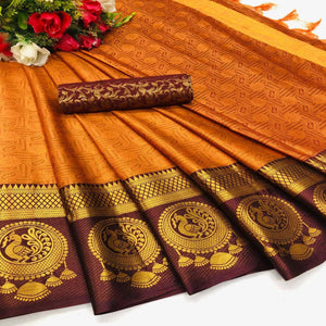 Engrossing Orange Coloured Casual Wear Printed Self Cotton Silk Saree