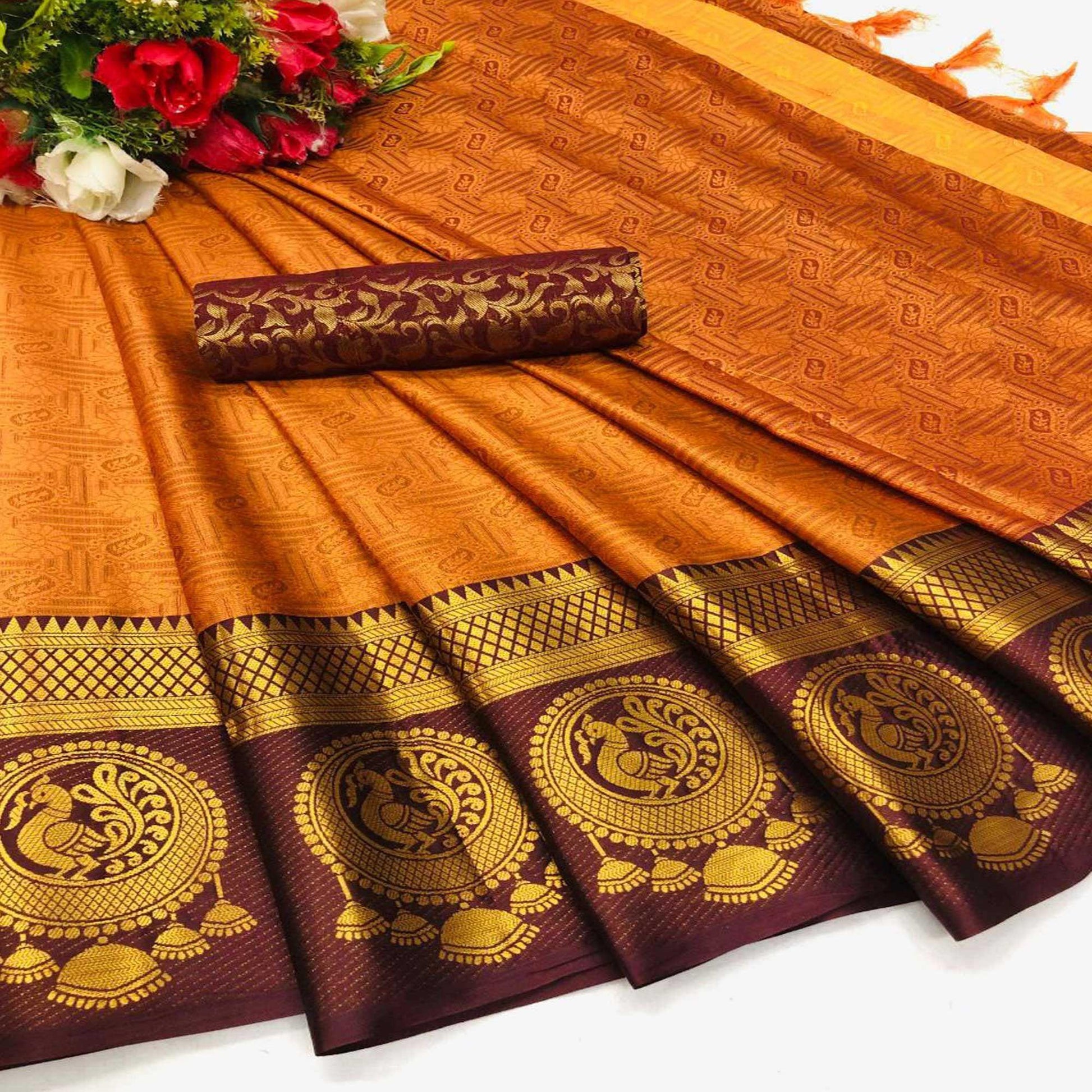 Engrossing Orange Coloured Casual Wear Printed Self Cotton Silk Saree