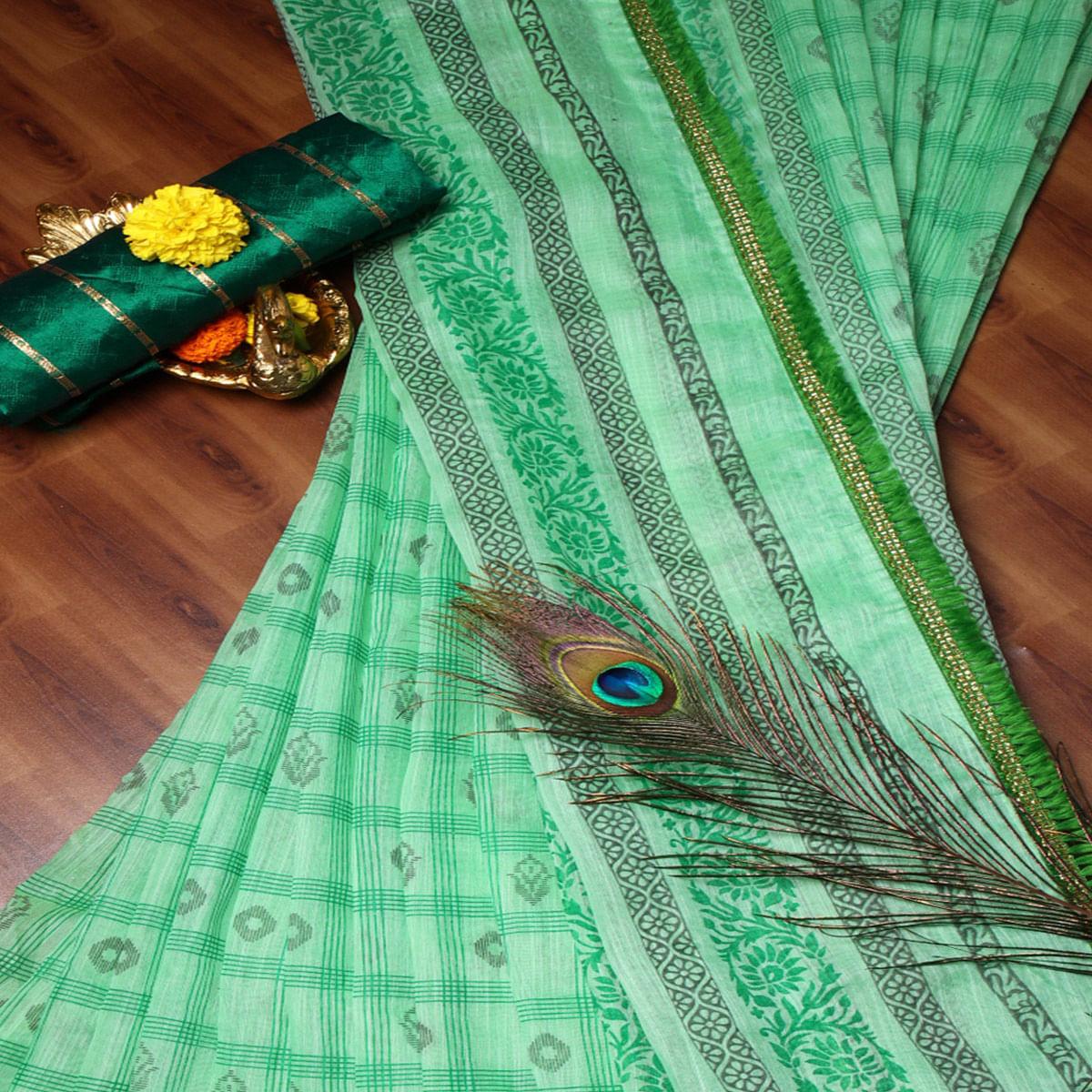 Engrossing Parrot Green Colored Casual Wear Printed Cotton Saree
