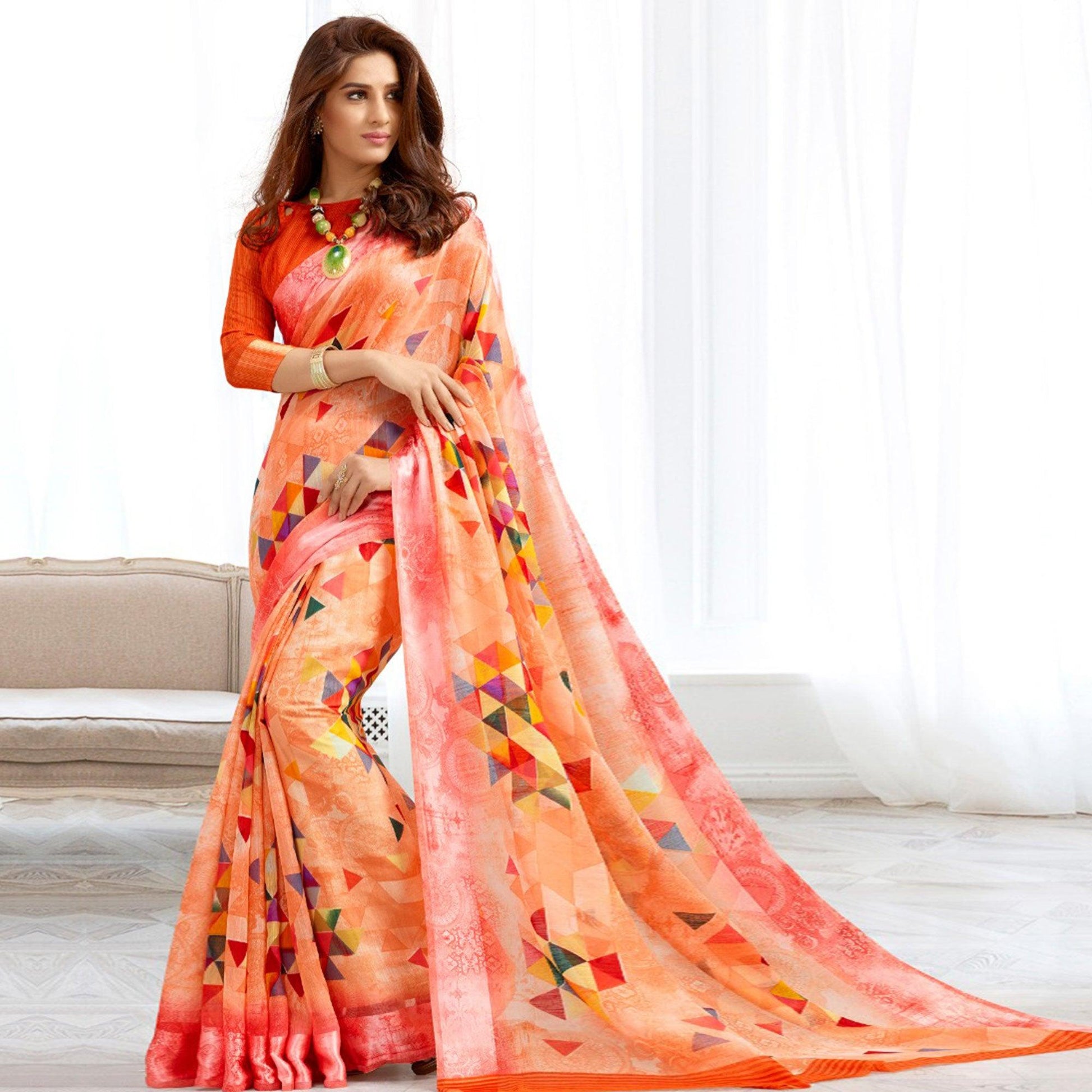 Engrossing Peach Colored Casual Printed Cotton Saree