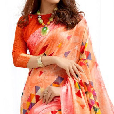 Engrossing Peach Colored Casual Printed Cotton Saree