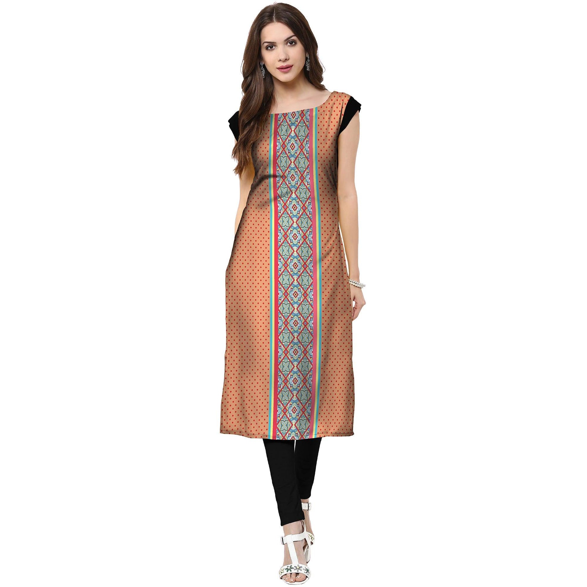 Engrossing Peach Colored Casual Printed Crepe Kurti