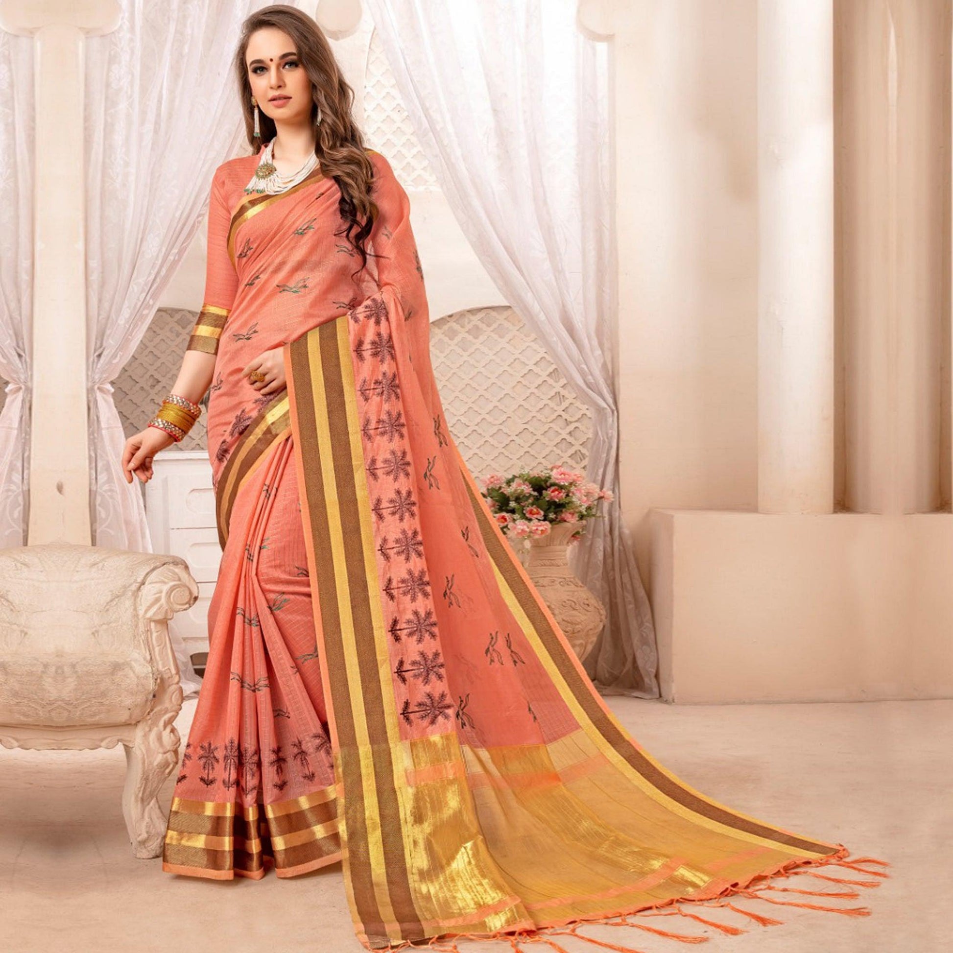 Engrossing Peach Colored Festive Printed Art Silk Saree