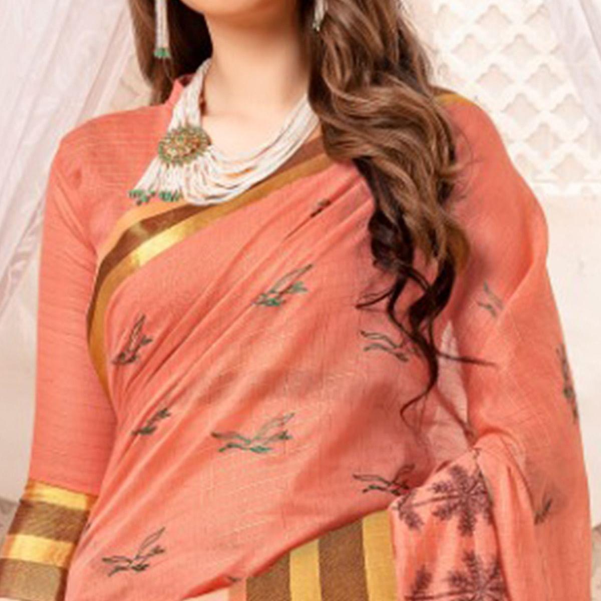 Engrossing Peach Colored Festive Printed Art Silk Saree