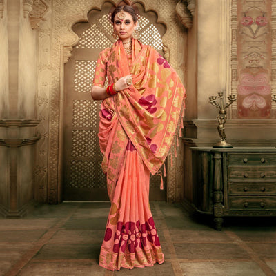 Engrossing Peach Colored Festive Wear Woven Cotton Silk Saree