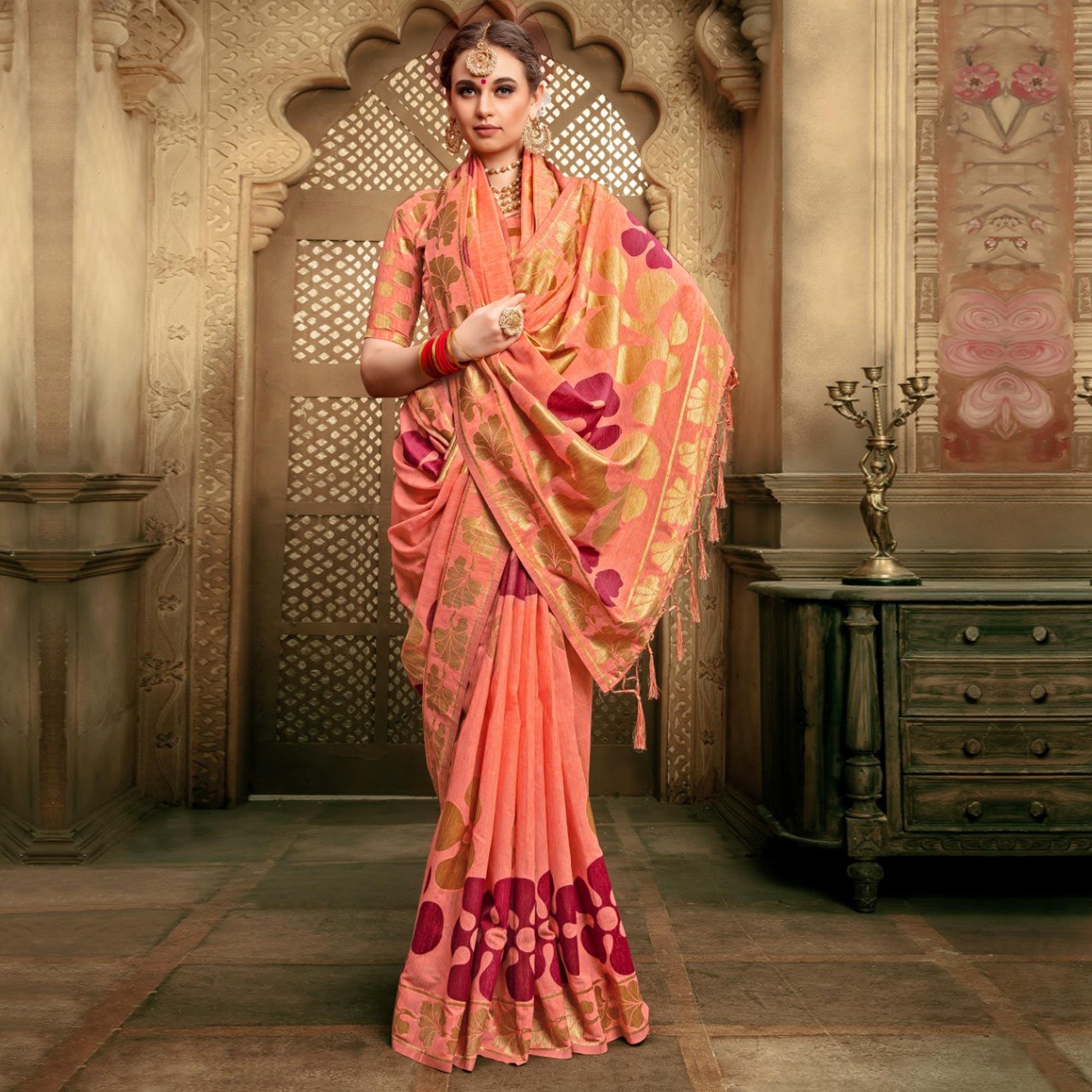 Engrossing Peach Colored Festive Wear Woven Cotton Silk Saree