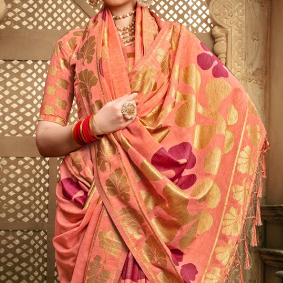Engrossing Peach Colored Festive Wear Woven Cotton Silk Saree