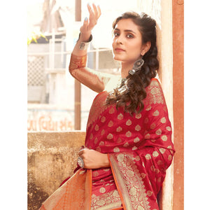 Engrossing Peach Coloured Designer Partywear Weaving Silk Saree