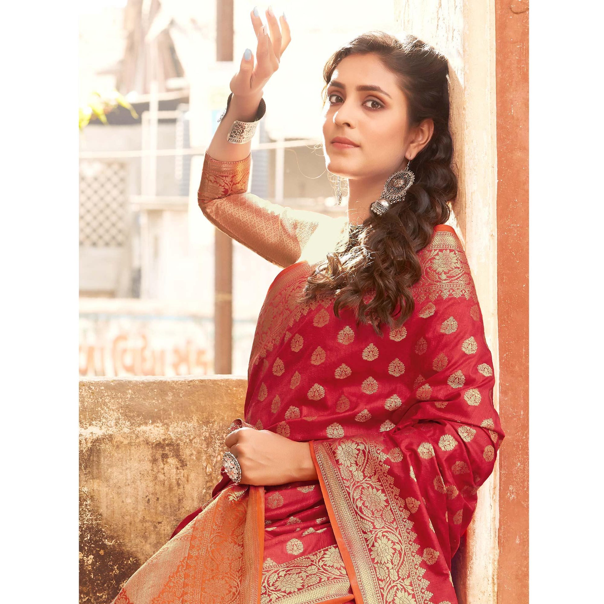 Engrossing Peach Coloured Designer Partywear Weaving Silk Saree