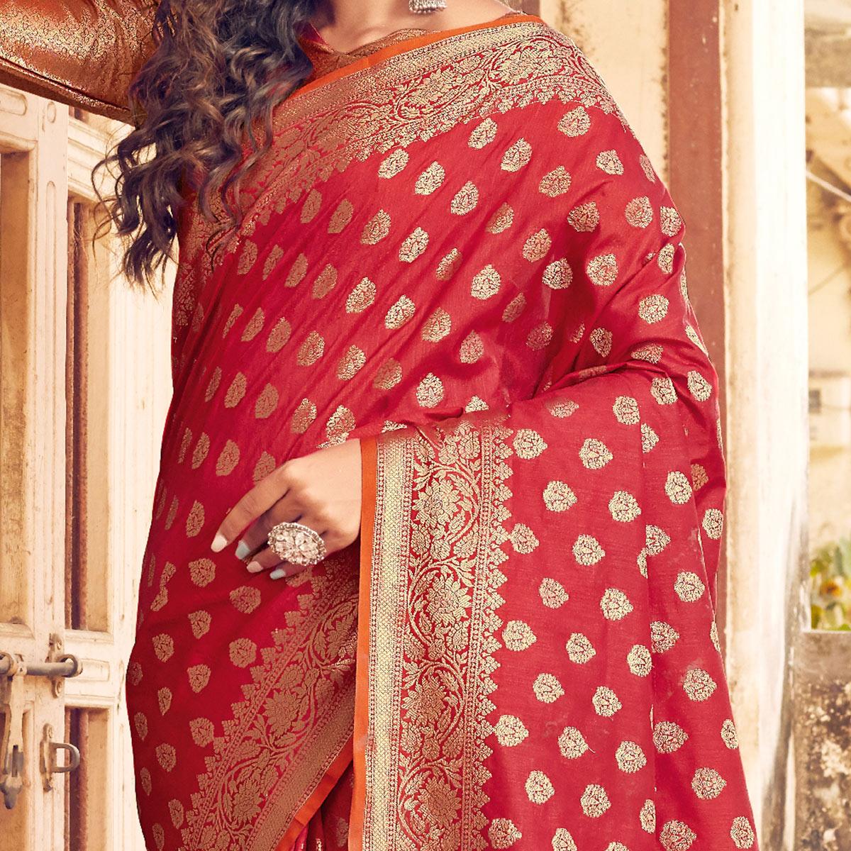 Engrossing Peach Coloured Designer Partywear Weaving Silk Saree