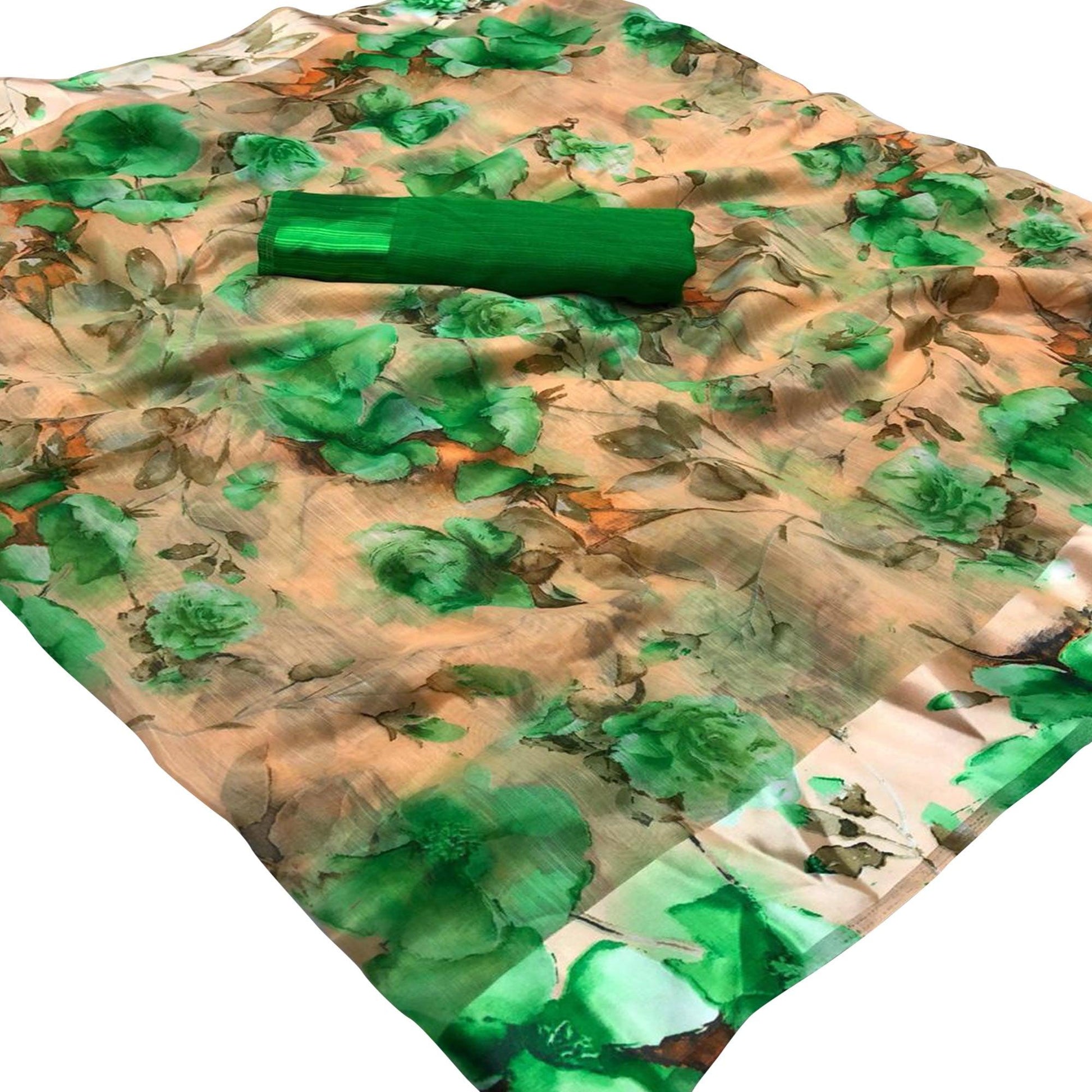 Engrossing Peach-Green Colored Casual Wear Floral Printed Linen Saree