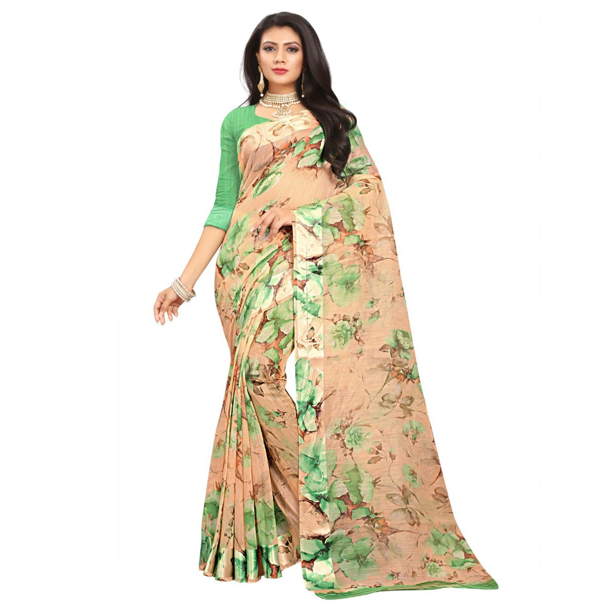 Engrossing Peach-Green Colored Casual Wear Floral Printed Linen Saree