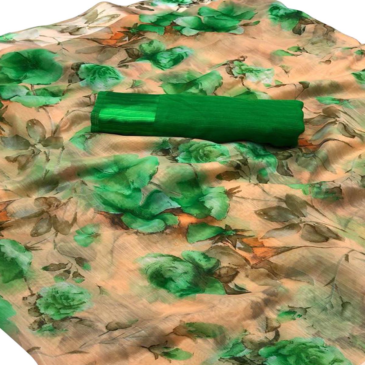Engrossing Peach-Green Colored Casual Wear Floral Printed Linen Saree