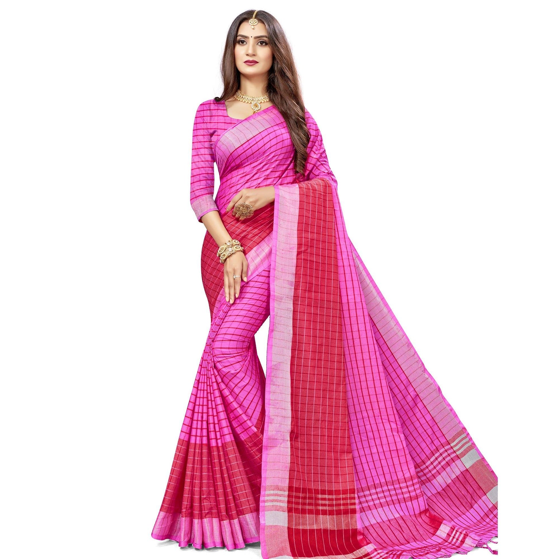 Engrossing Pink Colored Fesive Wear Checks Print Cotton Silk Saree With Tassels